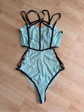 Light Mint Blue Lace Strappy One-Piece Lingerie Bodysuit